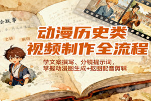 动漫历史类视频制作全流程，学文案撰写、分镜提示词，掌握动漫图生成+抠图配音剪辑