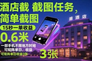 酒店截图任务,简单截图,15秒一单收益0.6米,一部手机不限地方时间,可矩阵单日收益3张【揭秘】
