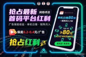 抢占最新首码平台红利，每个广告保底0.2-0.4，单机日撸80米，矩阵操作月入1W【揭秘】